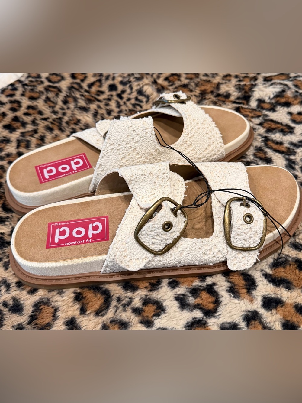 pop Women's Cream Double-Buckle Textile Slide Sandals